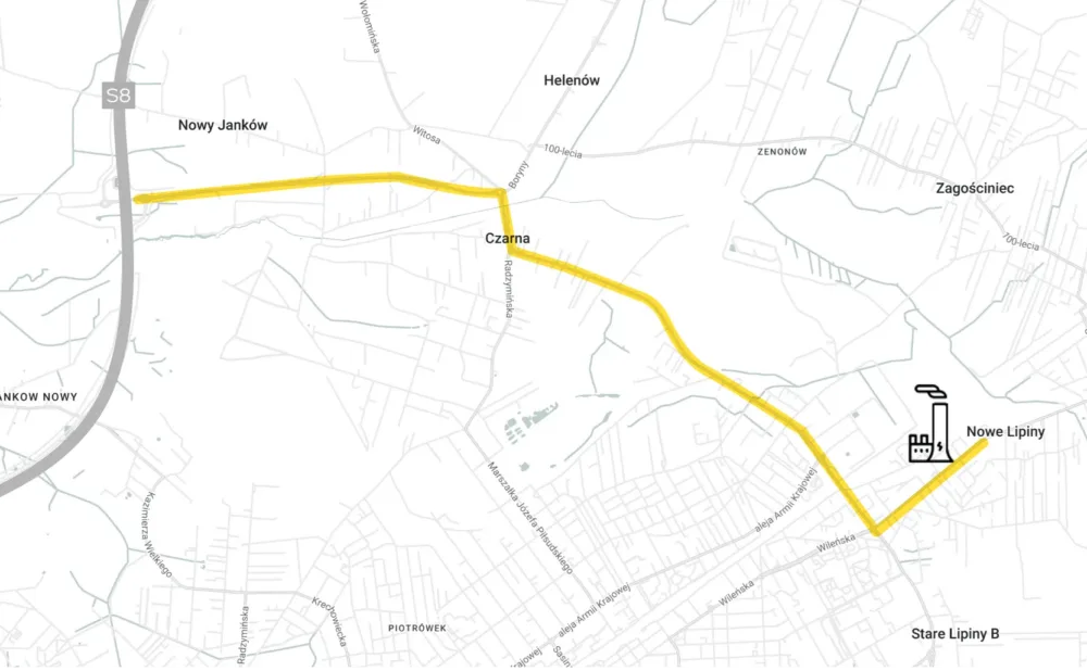 Mapa dojazdu z trasy S8 przez Czarną do Nowych Lipin w Wołominie