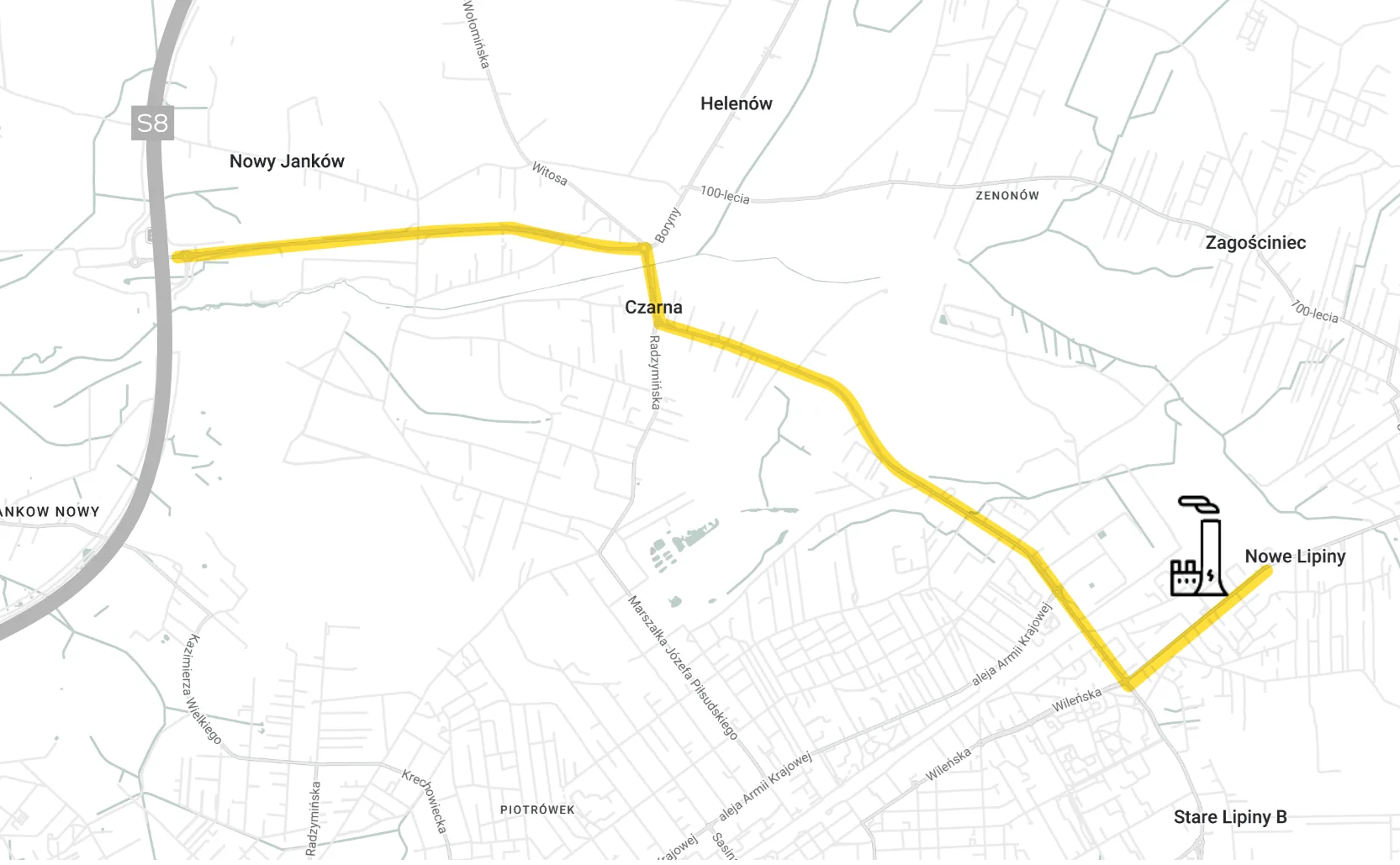 Mapa dojazdu z trasy S8 przez Czarną do Nowych Lipin w Wołominie