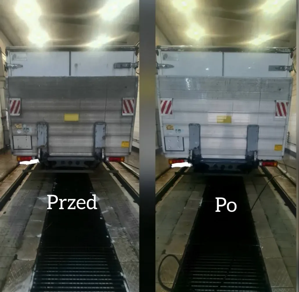 Tył samochodu z zabudową przed i po myciu w myjni Zientara