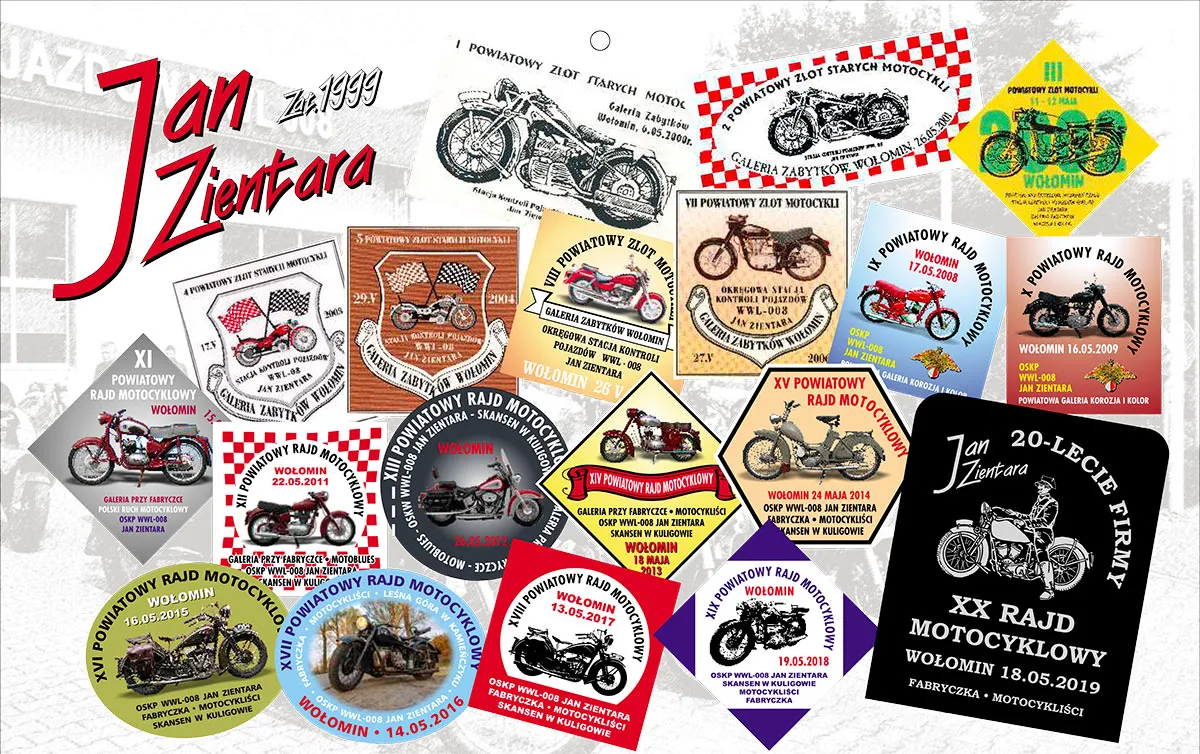 Znaczki ze wszystkich edycji Powiatowego Rajdu Motocyklowego w Wołominie
